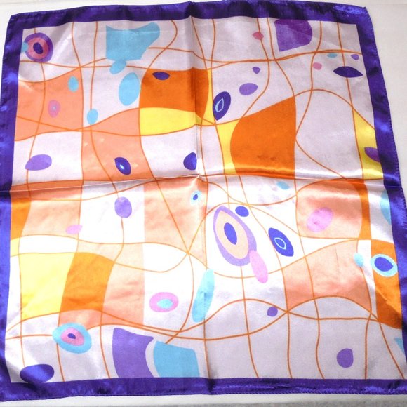 Vintage Scarf 19" Square Satin purple orange abstract print neckerchief retro - Picture 3 of 6